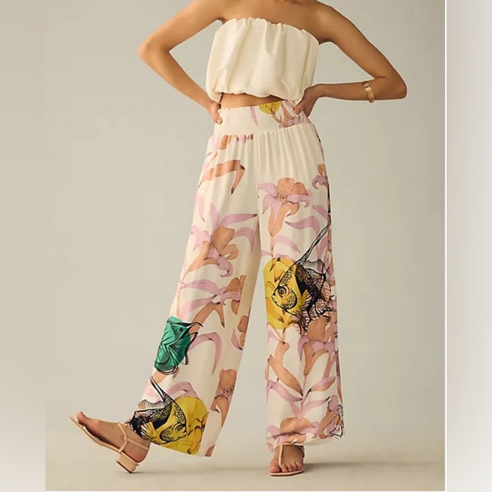 Anthropologie x Pia Binazzi Maeve Pink Floral & Yellow Fish Print Wide Leg Pants
